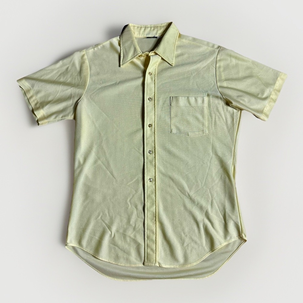 Vintage 70s Disco Shirt Men's Medium 15.5 Yellow Pocket Qiana Dupont Nylon USA